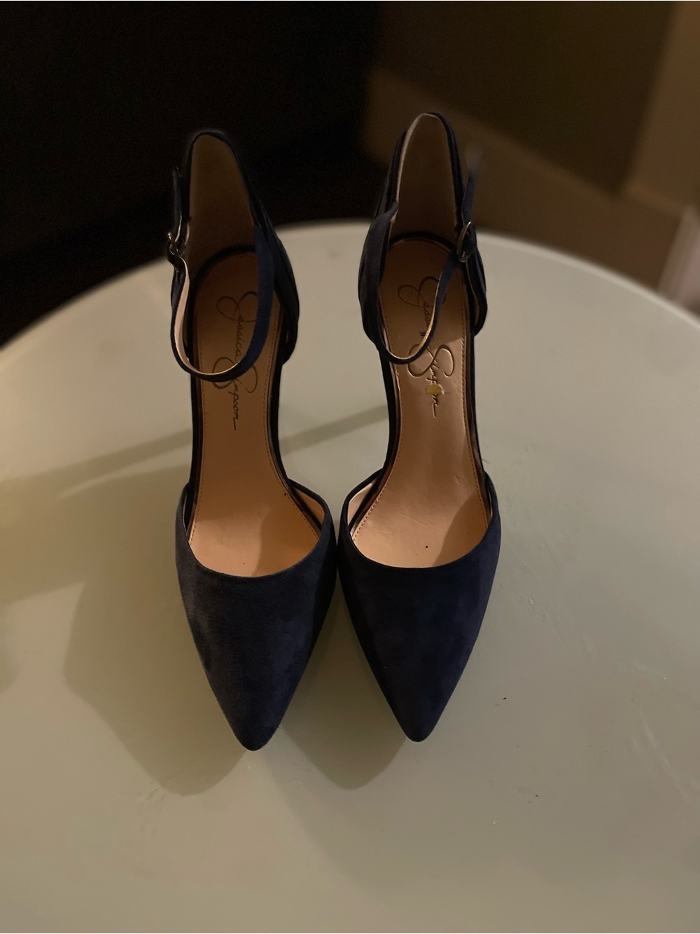 Jessica Simpson Dark Blue Suede Pointed Ankle-Strap Pumps 4.5 inch heel
